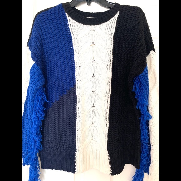 New Free Generation Fringe Sweater Cable Knit Blue White Black Colorblock Size M - Picture 5 of 16